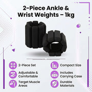 2-Piece Ankle & Wrist Weights – 1kg Pair Adjustable Workout Bangles (Black)