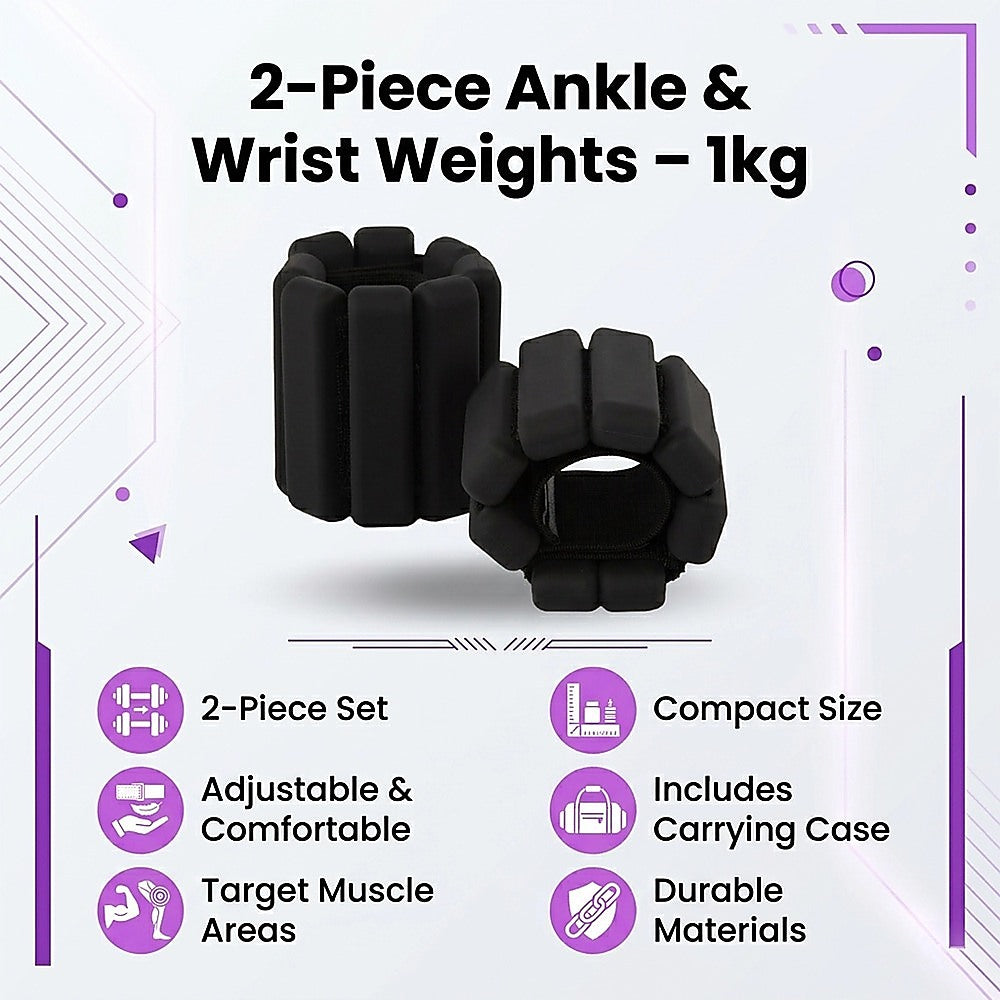 2-Piece Ankle & Wrist Weights – 1kg Pair Adjustable Workout Bangles (Black)