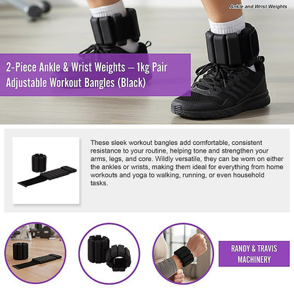 2-Piece Ankle & Wrist Weights - 1kg Pair Adjustable Workout Bangles (Black) V63-952741