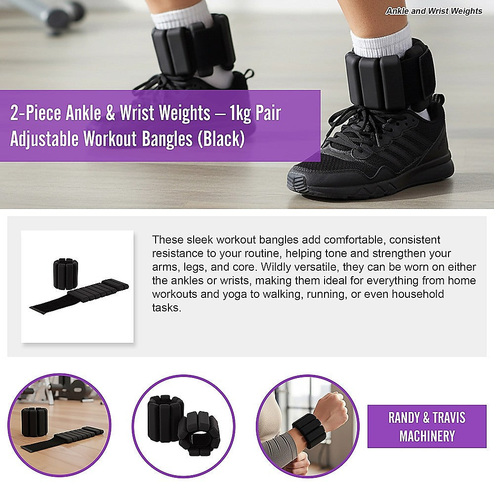 2-Piece Ankle & Wrist Weights – 1kg Pair Adjustable Workout Bangles (Black)