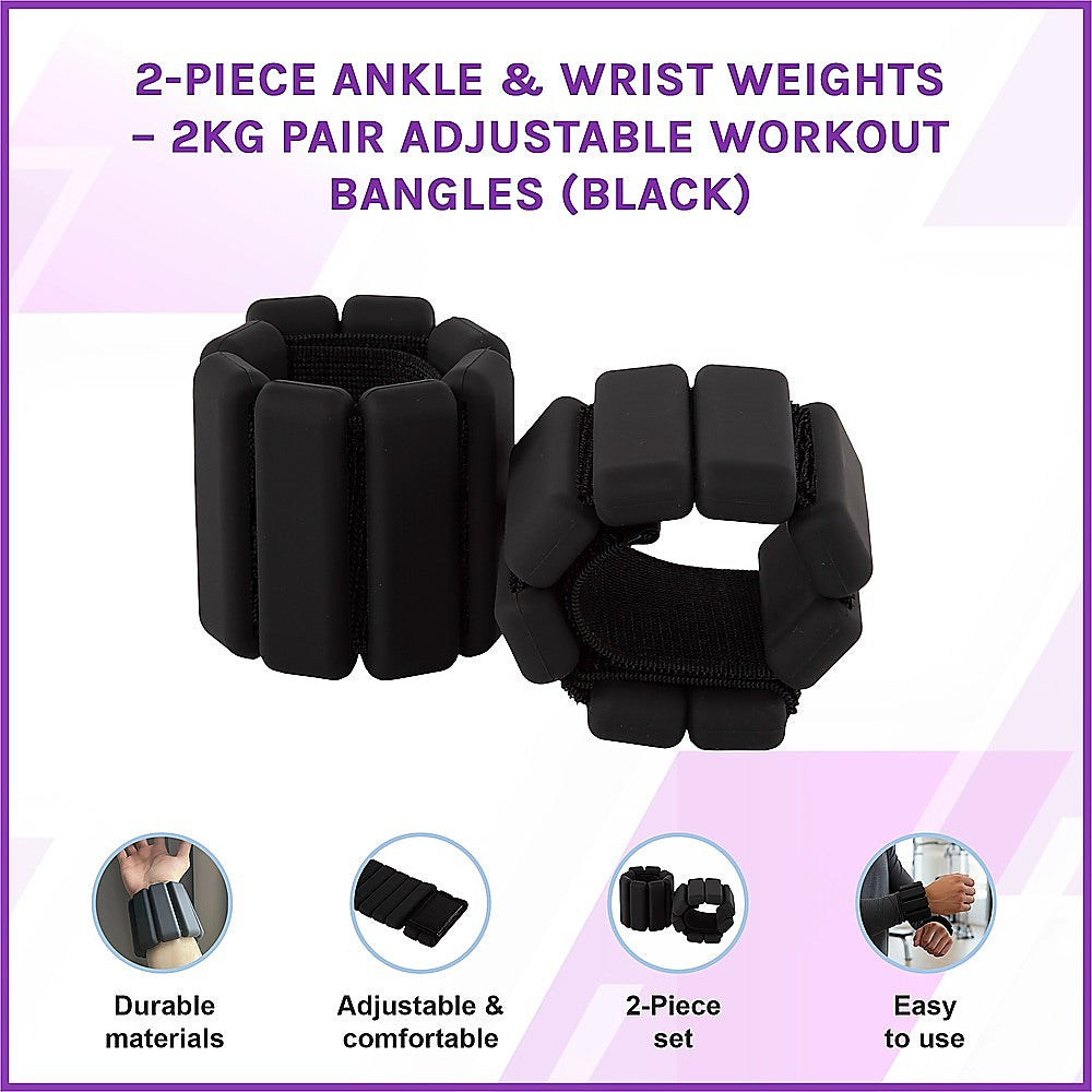 2-Piece Ankle & Wrist Weights - 2kg Pair Adjustable Workout Bangles (Black) V63-952761