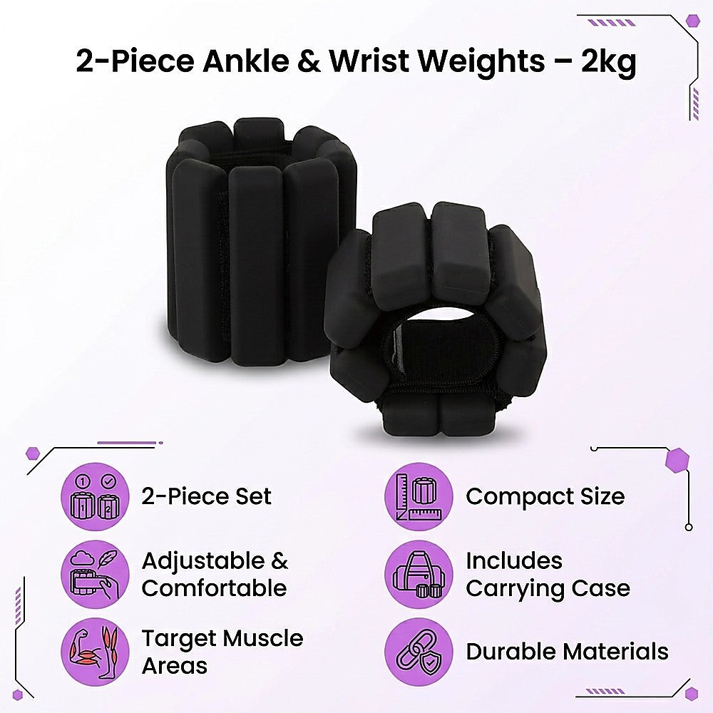 2-Piece Ankle & Wrist Weights - 2kg Pair Adjustable Workout Bangles (Black) V63-952761