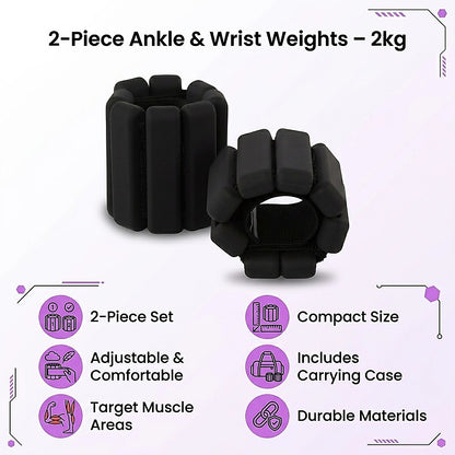 2-Piece Ankle & Wrist Weights - 2kg Pair Adjustable Workout Bangles (Black) V63-952761
