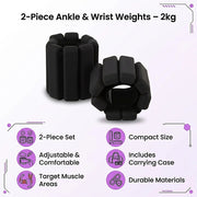 2-Piece Ankle & Wrist Weights – 2kg Pair Adjustable Workout Bangles (Black)