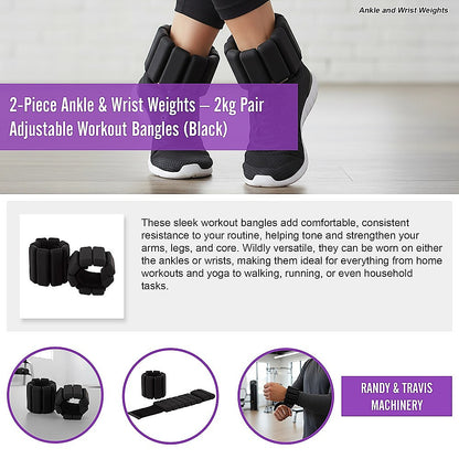2-Piece Ankle & Wrist Weights - 2kg Pair Adjustable Workout Bangles (Black) V63-952761