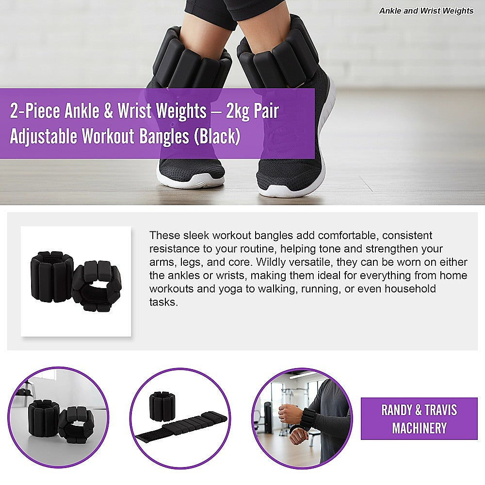 2-Piece Ankle & Wrist Weights – 2kg Pair Adjustable Workout Bangles (Black)