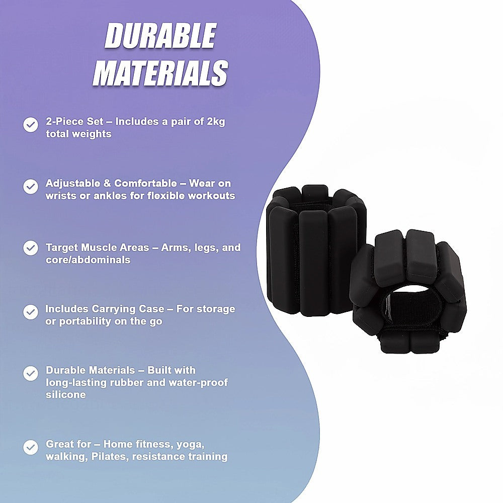 2-Piece Ankle & Wrist Weights – 2kg Pair Adjustable Workout Bangles (Black)