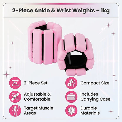 2-Piece Ankle & Wrist Weights - 1kg Pair Adjustable Workout Bangles (Pink) V63-952771
