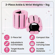 2-Piece Ankle & Wrist Weights – 1kg Pair Adjustable Workout Bangles (Pink)