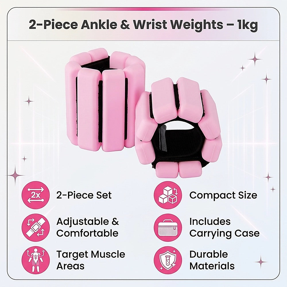 2-Piece Ankle & Wrist Weights – 1kg Pair Adjustable Workout Bangles (Pink)
