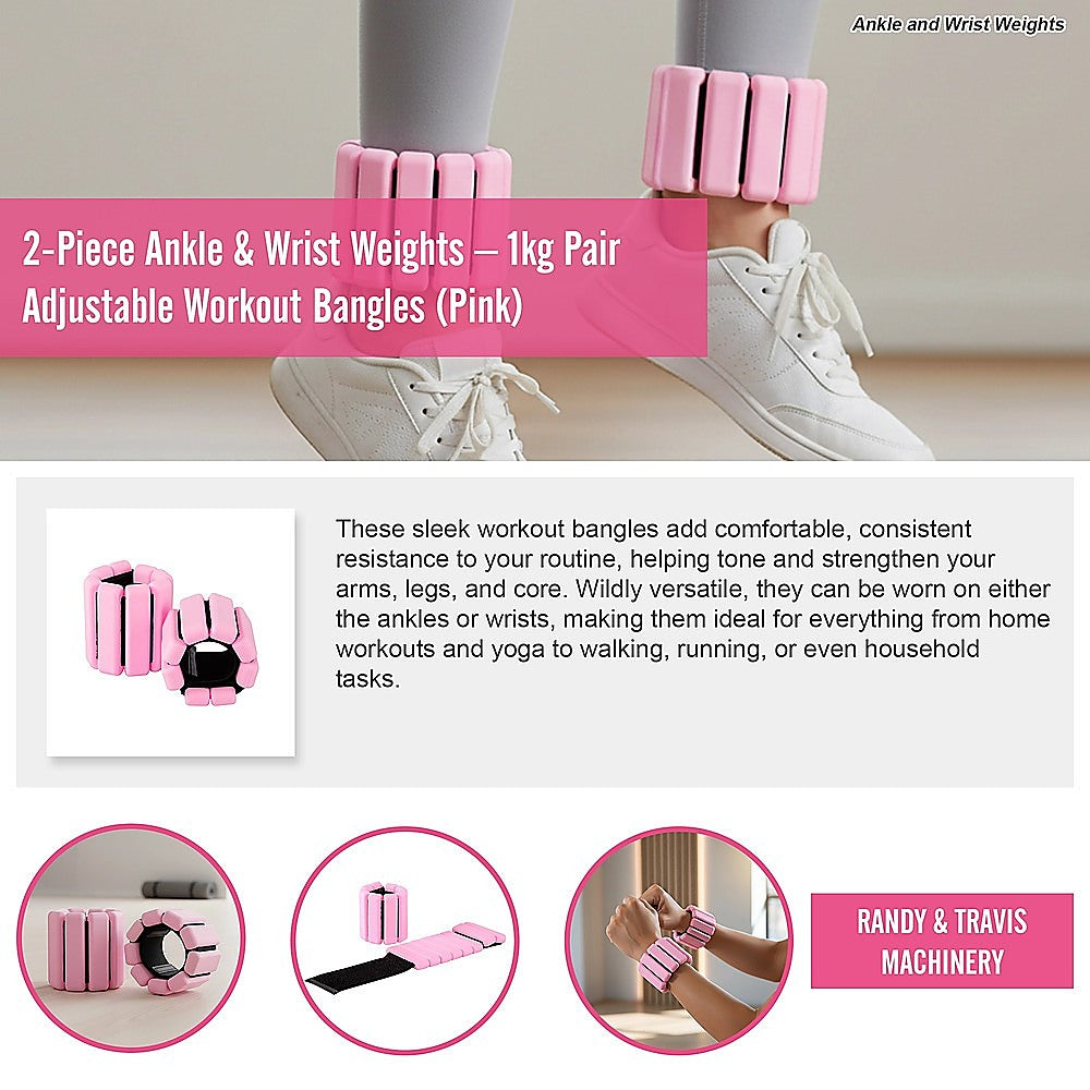 2-Piece Ankle & Wrist Weights - 1kg Pair Adjustable Workout Bangles (Pink) V63-952771