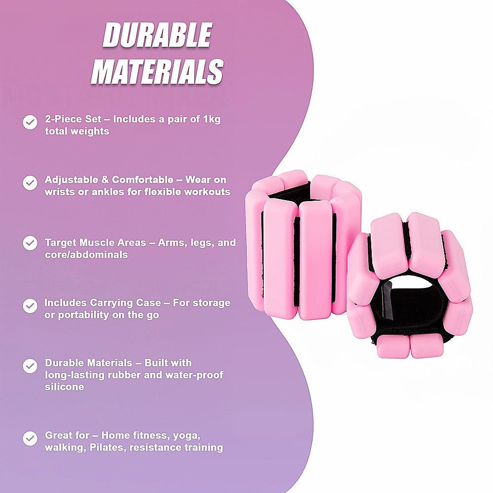 2-Piece Ankle & Wrist Weights – 1kg Pair Adjustable Workout Bangles (Pink)