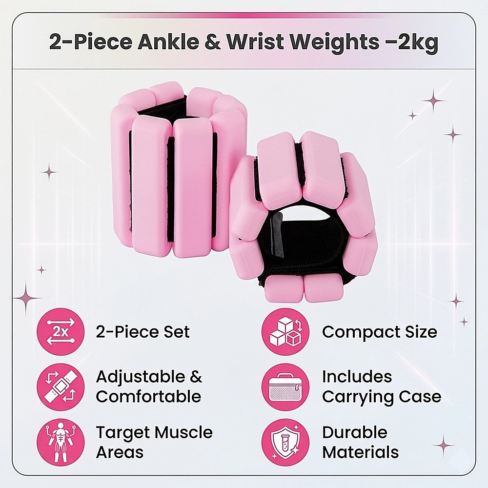 2-Piece Ankle & Wrist Weights - 2kg Pair Adjustable Workout Bangles (Pink) V63-952781