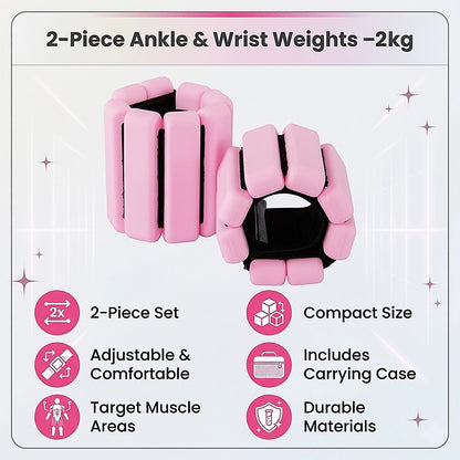 2-Piece Ankle & Wrist Weights - 2kg Pair Adjustable Workout Bangles (Pink) V63-952781