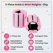 2-Piece Ankle & Wrist Weights – 2kg Pair Adjustable Workout Bangles (Pink)