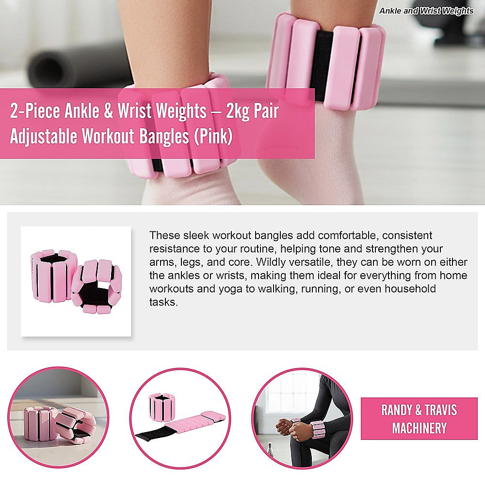 2-Piece Ankle & Wrist Weights – 2kg Pair Adjustable Workout Bangles (Pink)