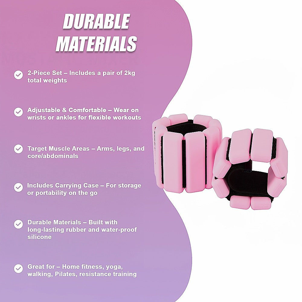 2-Piece Ankle & Wrist Weights - 2kg Pair Adjustable Workout Bangles (Pink) V63-952781
