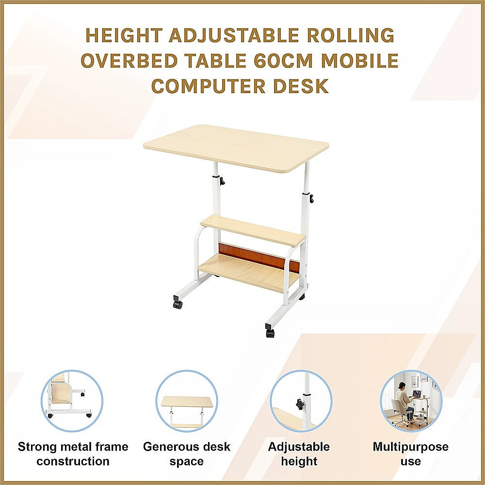 Height Adjustable Rolling Overbed Table 60cm Mobile Computer Desk V63-952821