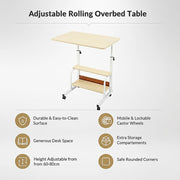Height Adjustable Rolling Overbed Table 60cm Mobile Computer Desk V63-952821