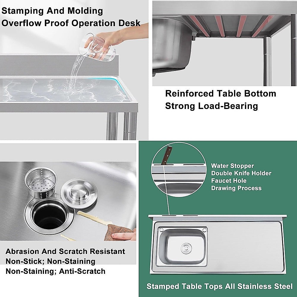 Freestanding Stainless Steel Kitchen Sink 120x50x79cm - Commercial Utility Wash Basin V63-952871