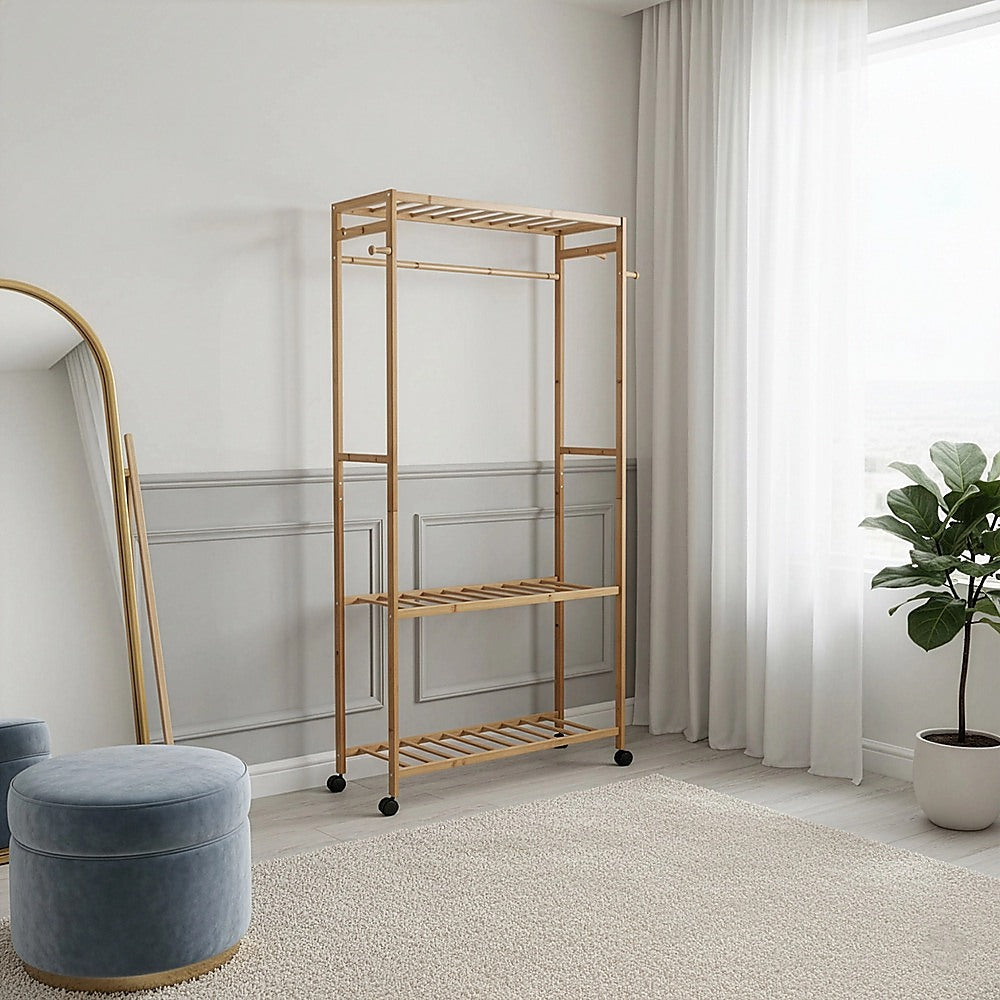 Wooden Clothes Rail with Shelves & Wheels - Open Wardrobe Rack Stand V63-952891