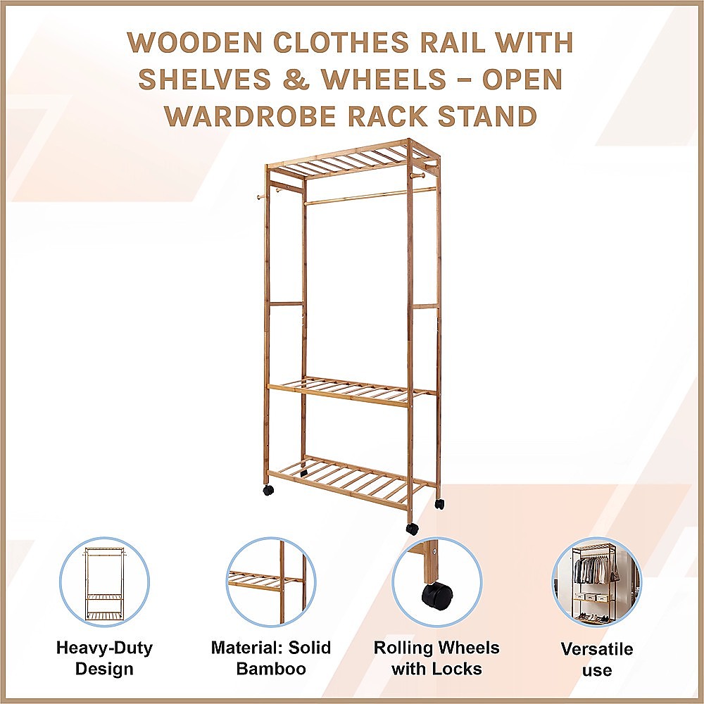 Wooden Clothes Rail with Shelves & Wheels - Open Wardrobe Rack Stand V63-952891