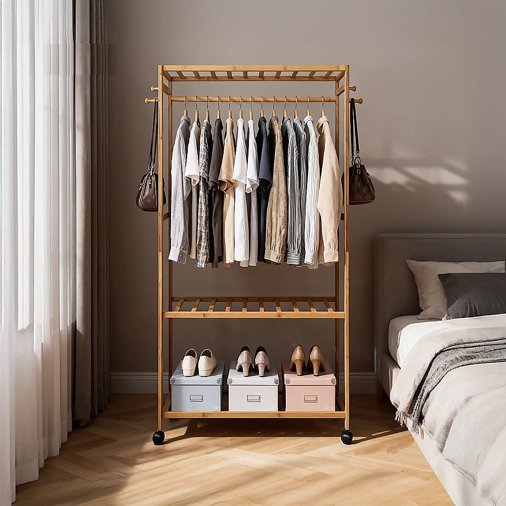 Wooden Clothes Rail with Shelves & Wheels - Open Wardrobe Rack Stand V63-952891