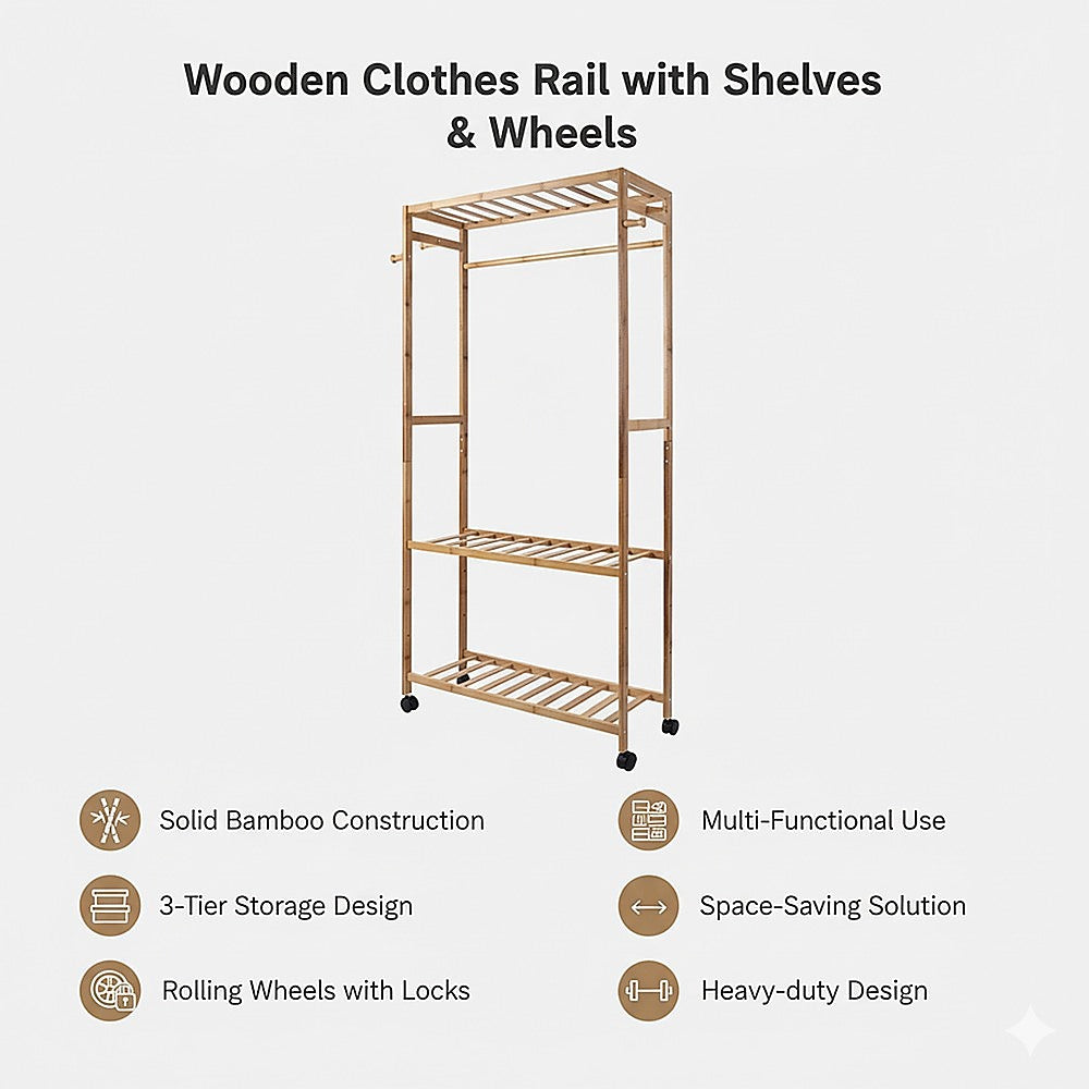 Wooden Clothes Rail with Shelves & Wheels - Open Wardrobe Rack Stand V63-952891
