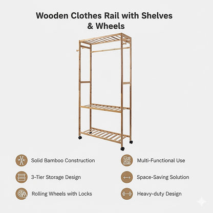 Wooden Clothes Rail with Shelves & Wheels - Open Wardrobe Rack Stand V63-952891