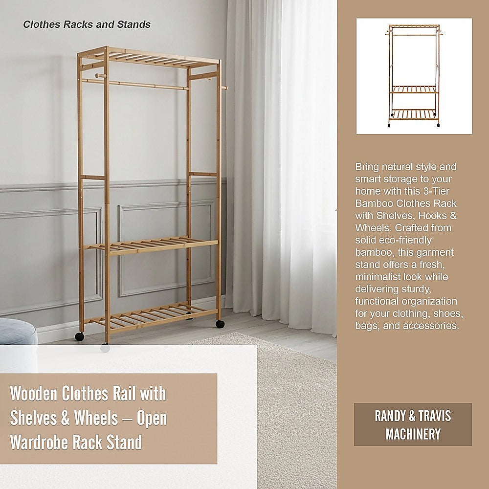 Wooden Clothes Rail with Shelves & Wheels - Open Wardrobe Rack Stand V63-952891