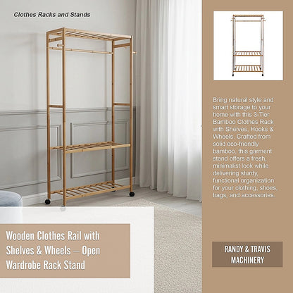 Wooden Clothes Rail with Shelves & Wheels - Open Wardrobe Rack Stand V63-952891