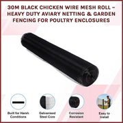 30m Black Chicken Wire Mesh Roll - Heavy Duty Aviary Netting & Garden Fencing for Poultry Enclosures V63-952941