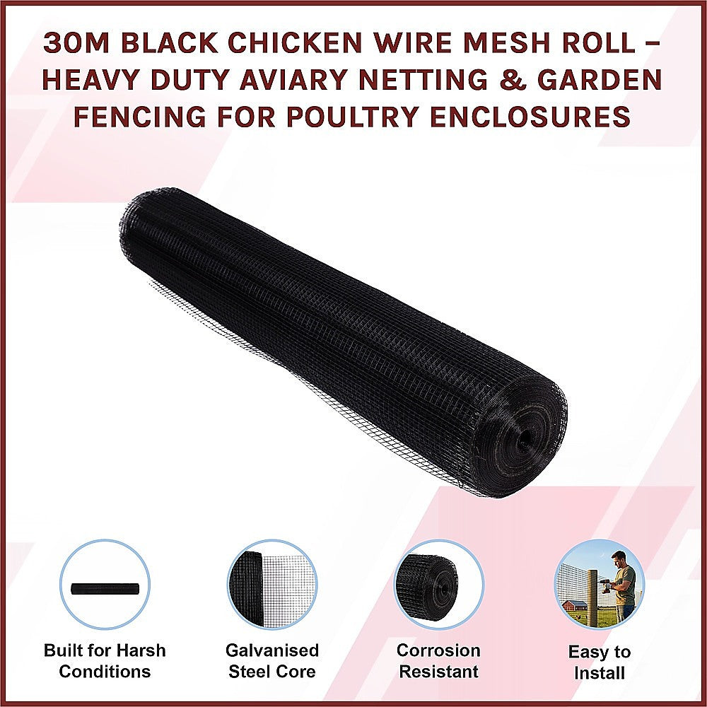 30m Black Chicken Wire Mesh Roll - Heavy Duty Aviary Netting & Garden Fencing for Poultry Enclosures V63-952941