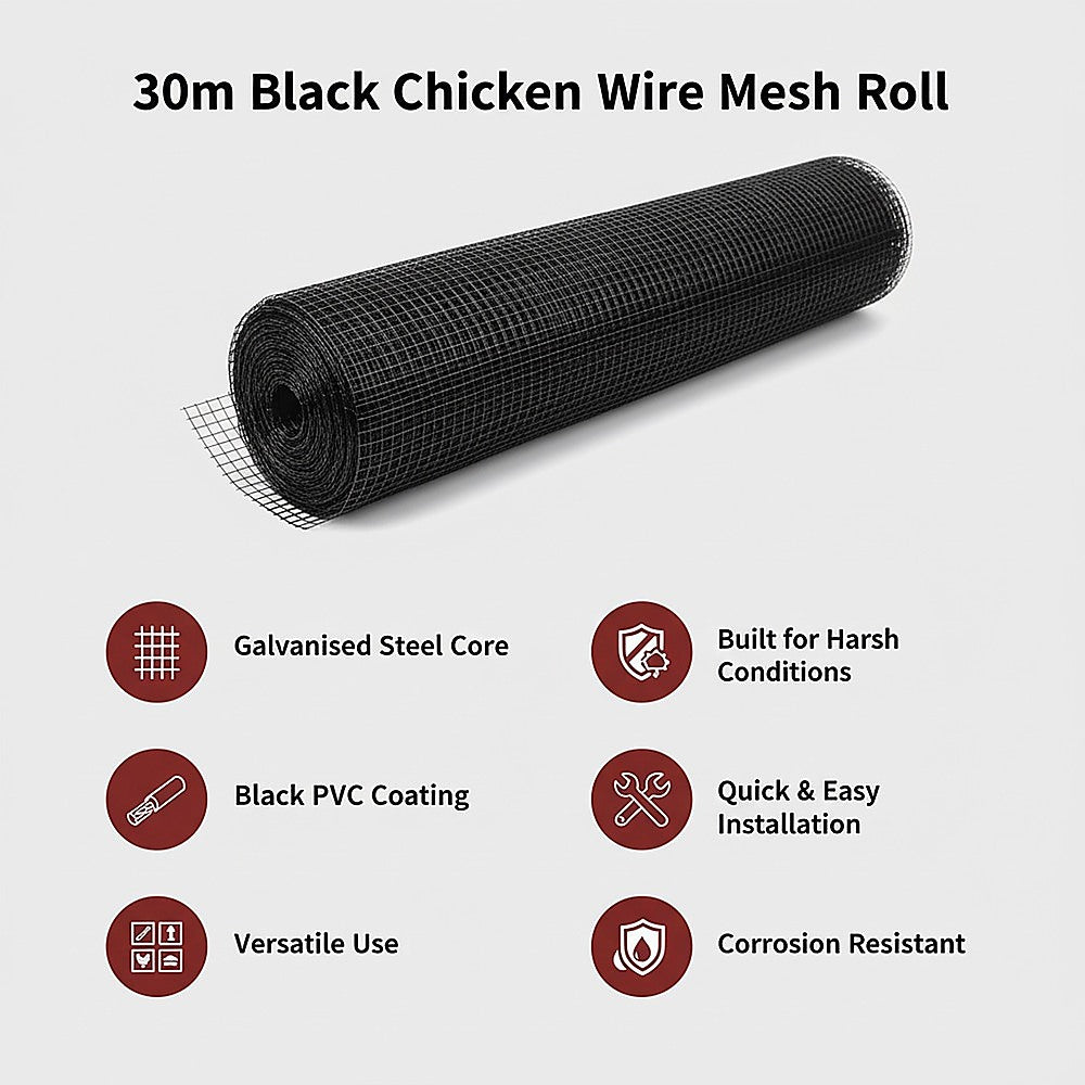 30m Black Chicken Wire Mesh Roll - Heavy Duty Aviary Netting & Garden Fencing for Poultry Enclosures V63-952941