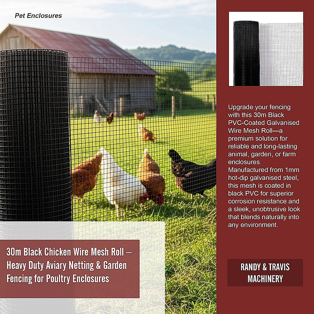 30m Black Chicken Wire Mesh Roll - Heavy Duty Aviary Netting & Garden Fencing for Poultry Enclosures V63-952941