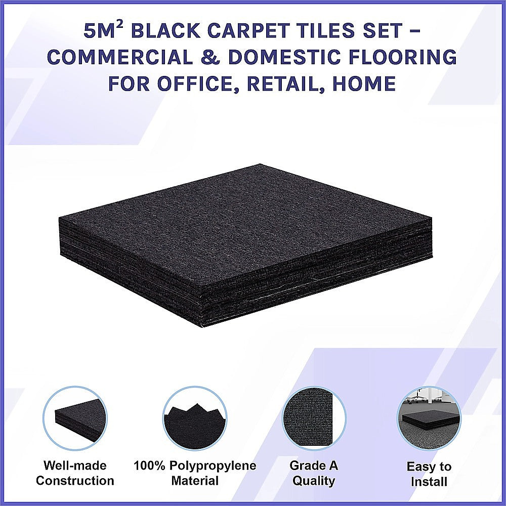 5m2 Black Carpet Tiles Set - Commercial & Domestic Flooring for Office, Retail, Home V63-952971
