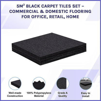 5m2 Black Carpet Tiles Set - Commercial & Domestic Flooring for Office, Retail, Home V63-952971