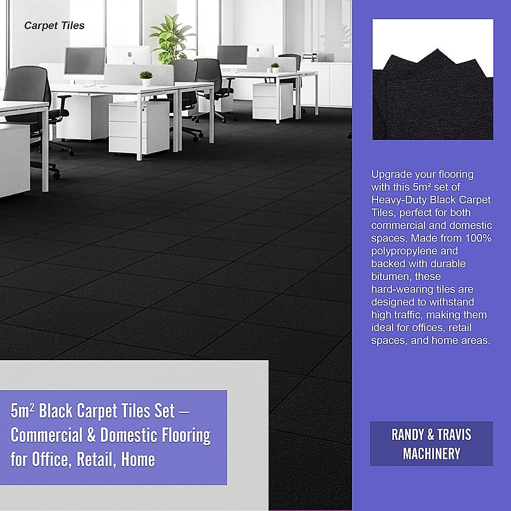 5m2 Black Carpet Tiles Set - Commercial & Domestic Flooring for Office, Retail, Home V63-952971