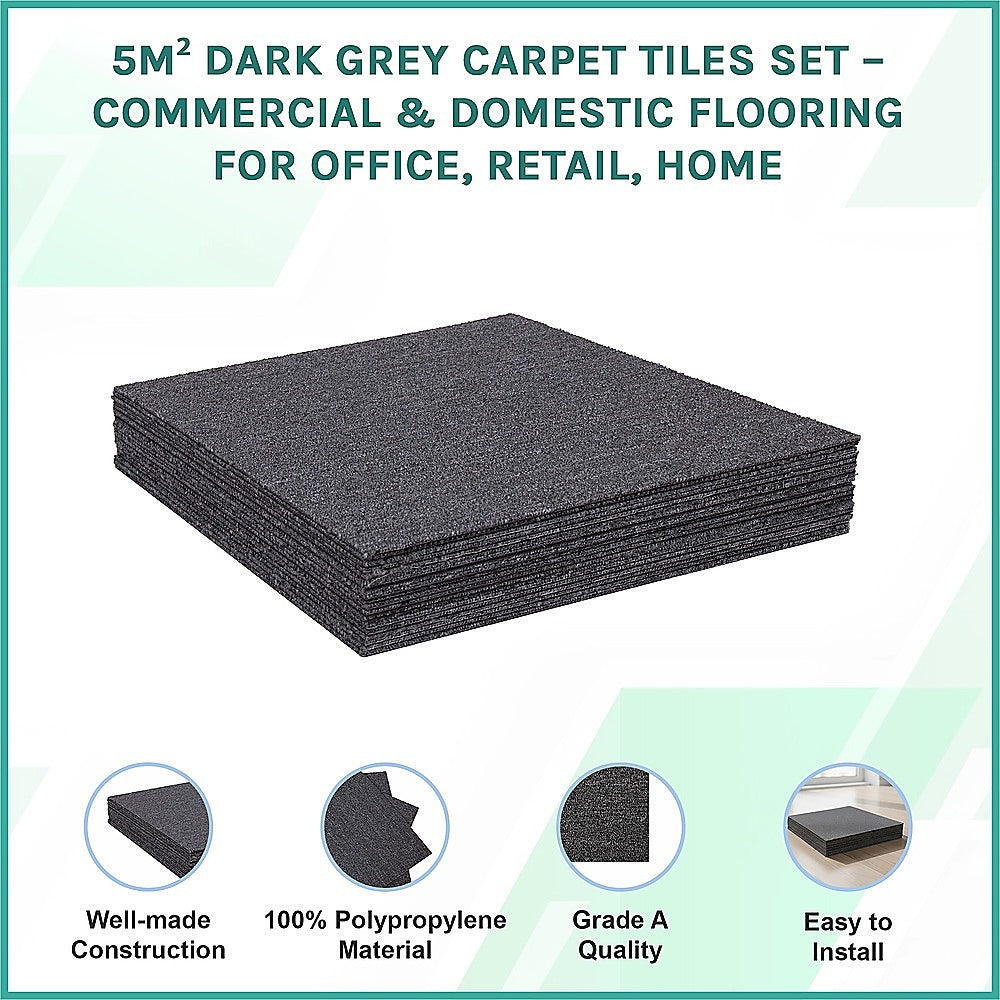 5m2 Dark Grey Carpet Tiles Set - Commercial & Domestic Flooring for Office, Retail, Home V63-952981