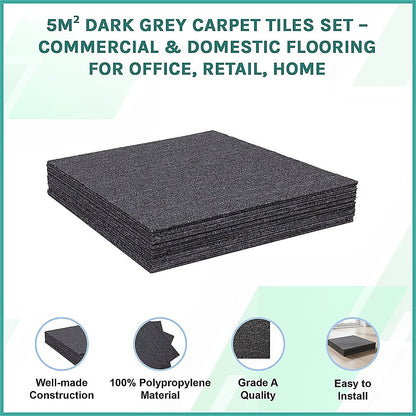 5m2 Dark Grey Carpet Tiles Set - Commercial & Domestic Flooring for Office, Retail, Home V63-952981