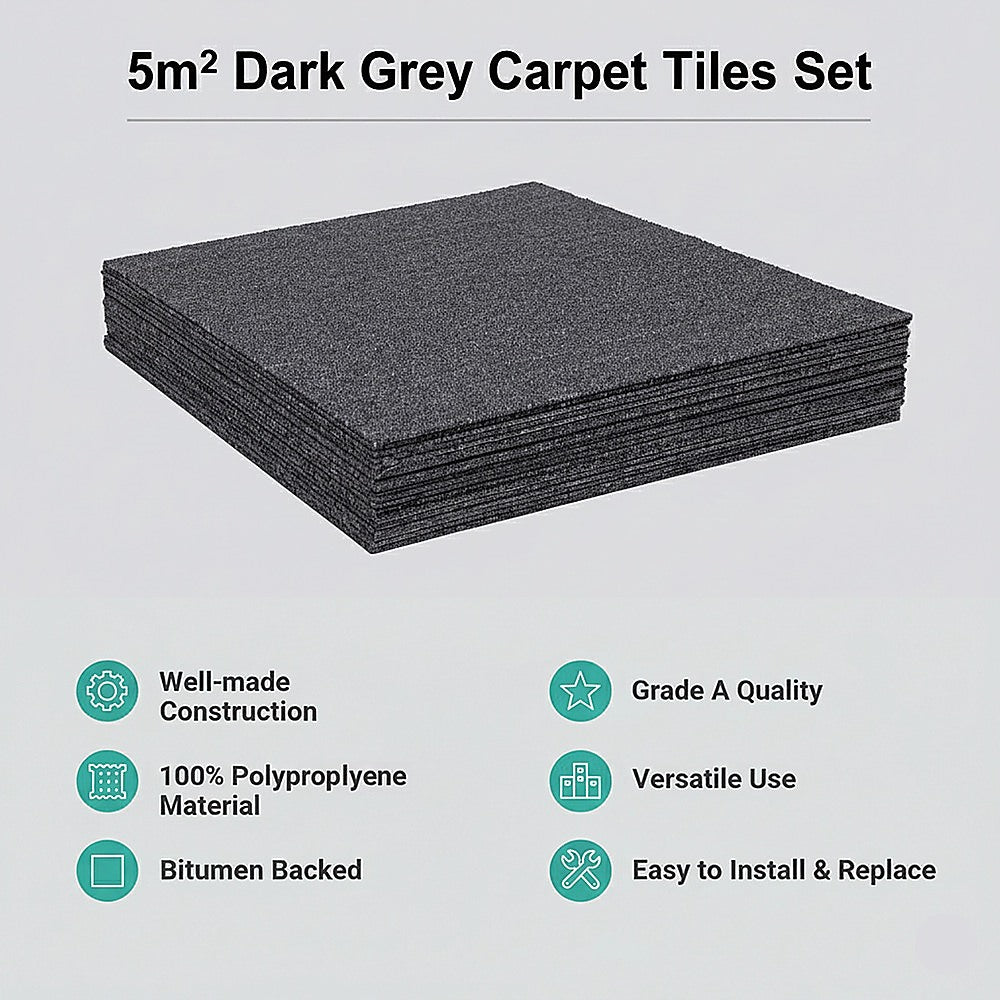 5m2 Dark Grey Carpet Tiles Set - Commercial & Domestic Flooring for Office, Retail, Home V63-952981
