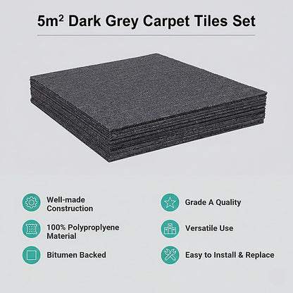 5m2 Dark Grey Carpet Tiles Set - Commercial & Domestic Flooring for Office, Retail, Home V63-952981