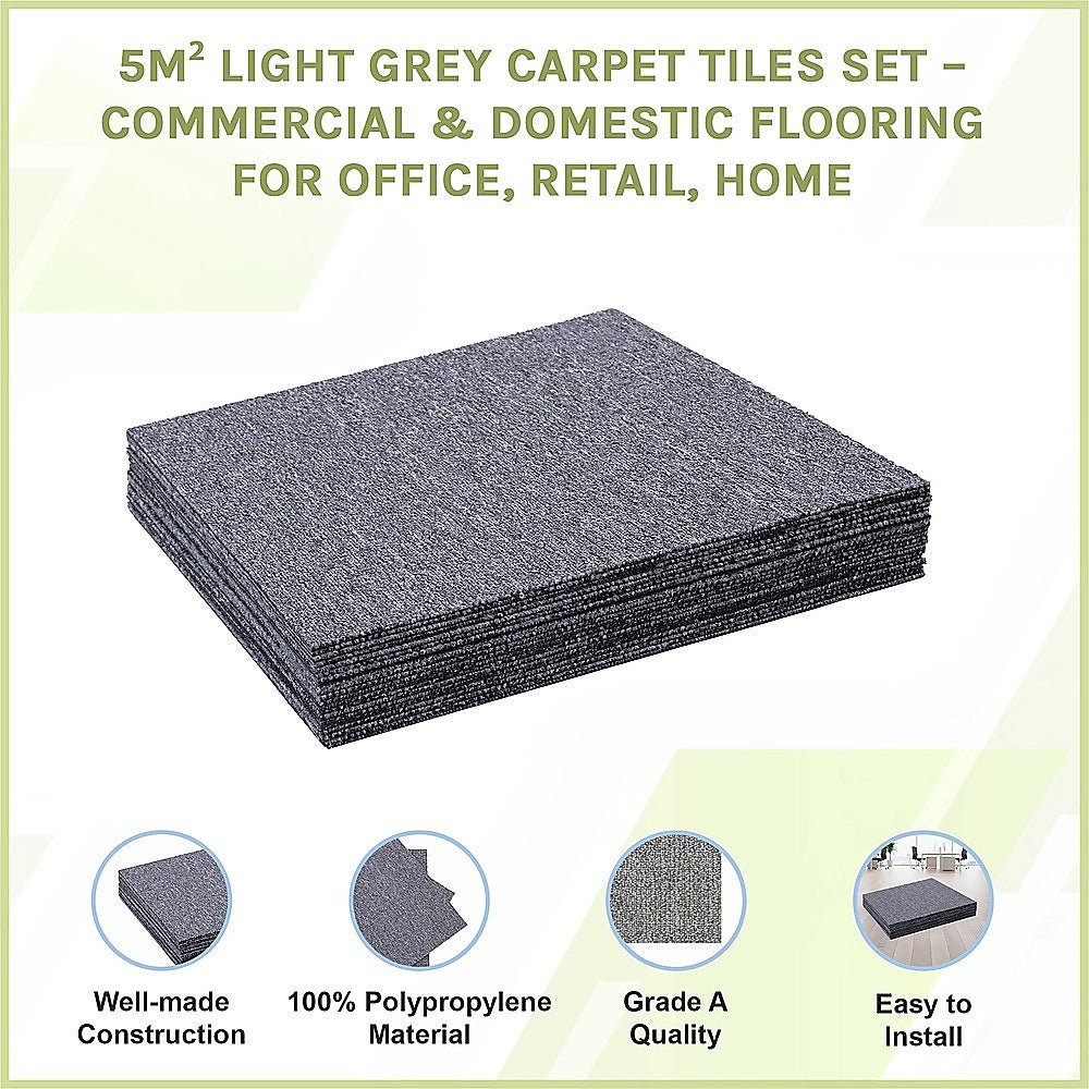 5m2 Light Grey Carpet Tiles Set - Commercial & Domestic Flooring for Office, Retail, Home V63-952991