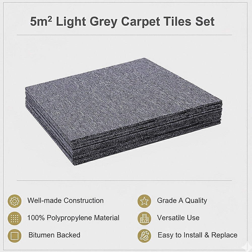 5m2 Light Grey Carpet Tiles Set - Commercial & Domestic Flooring for Office, Retail, Home V63-952991