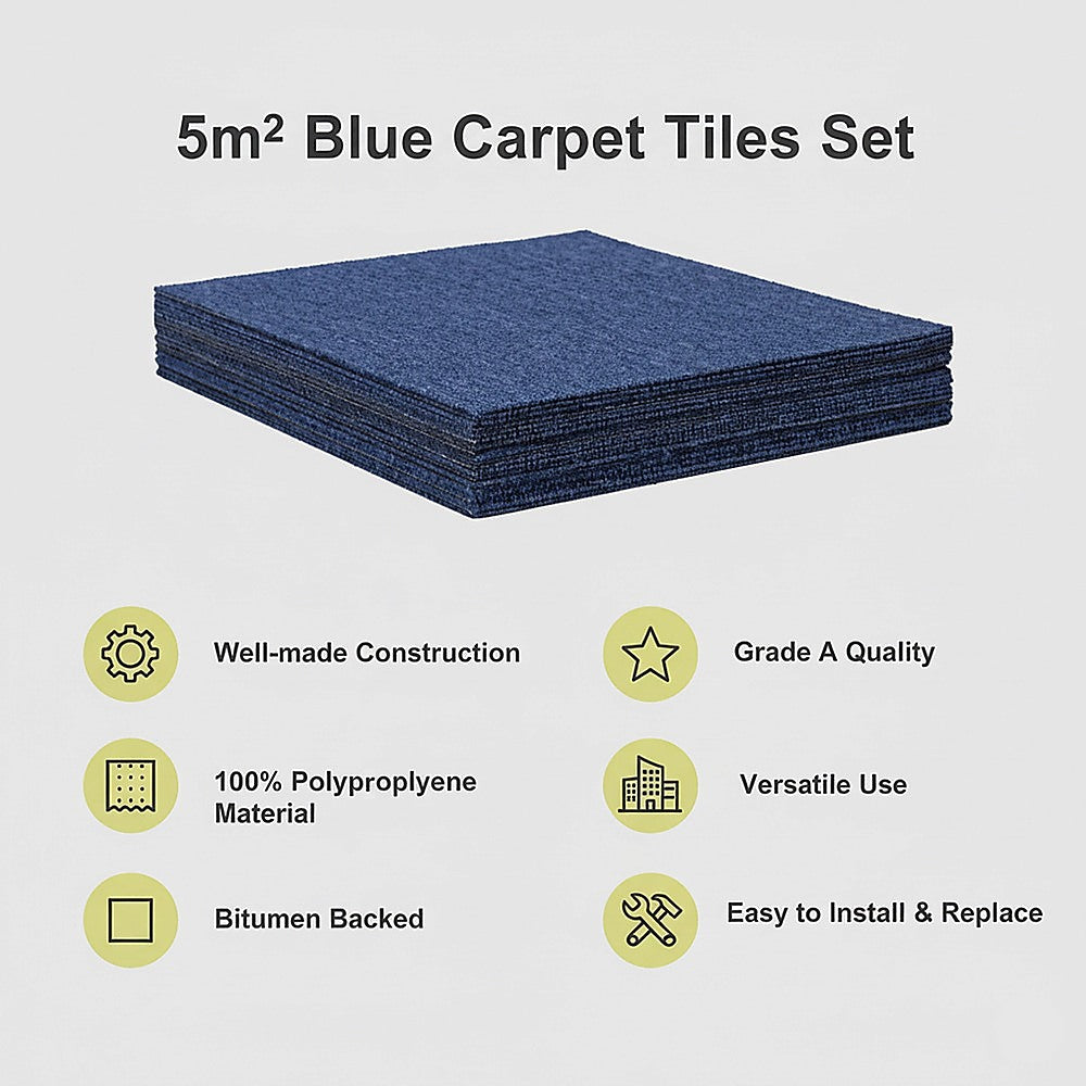 5m2 Blue Carpet Tiles Set - Commercial & Domestic Flooring for Office, Retail, Home V63-953001
