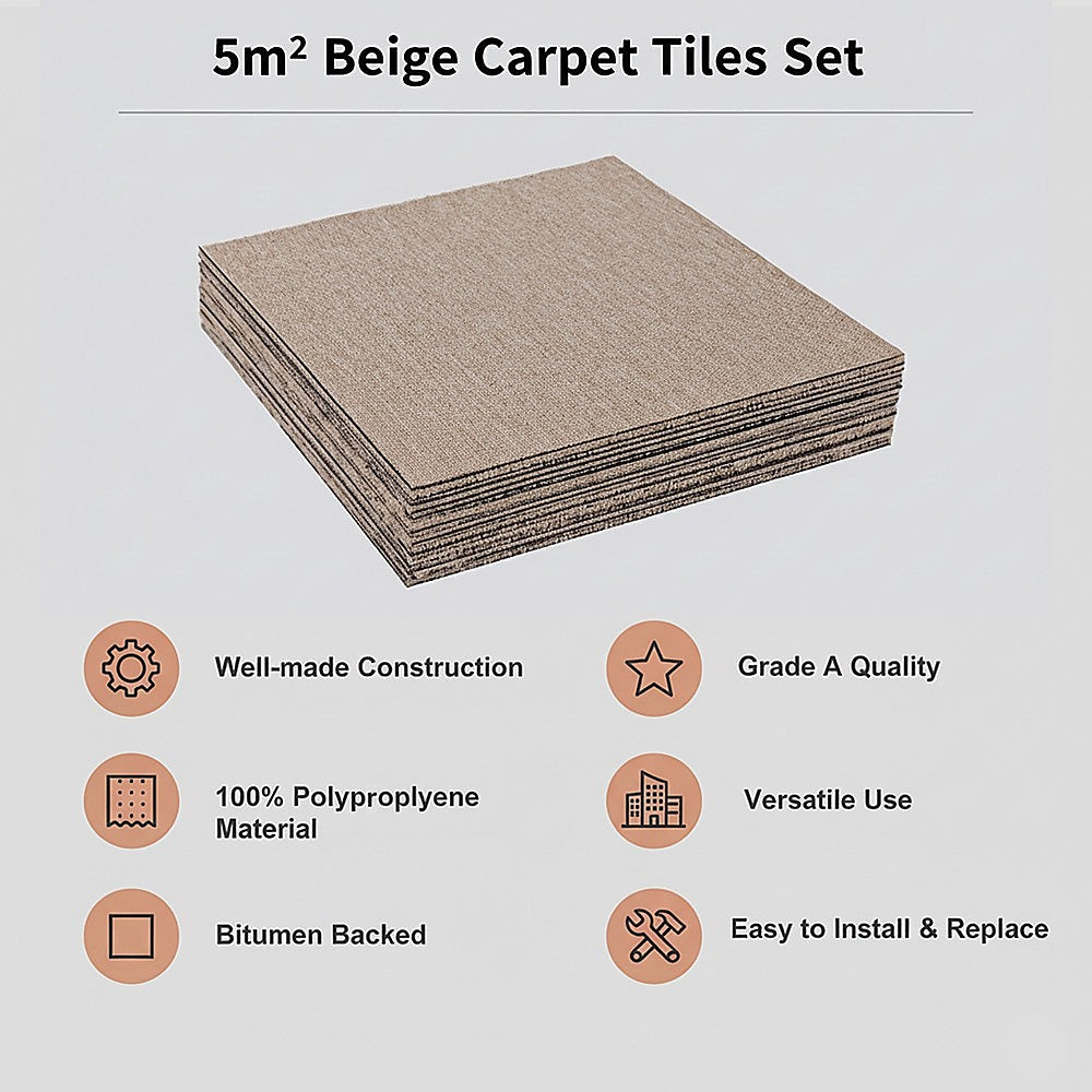 5m2 Beige Carpet Tiles Set - Commercial & Domestic Flooring for Office, Retail, Home V63-953011