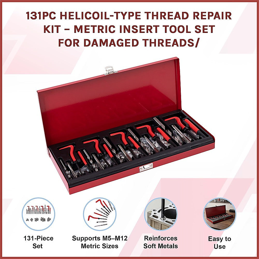 131pc Helicoil-Type Thread Repair Kit - Metric Insert Tool Set for Damaged Threads V63-953021