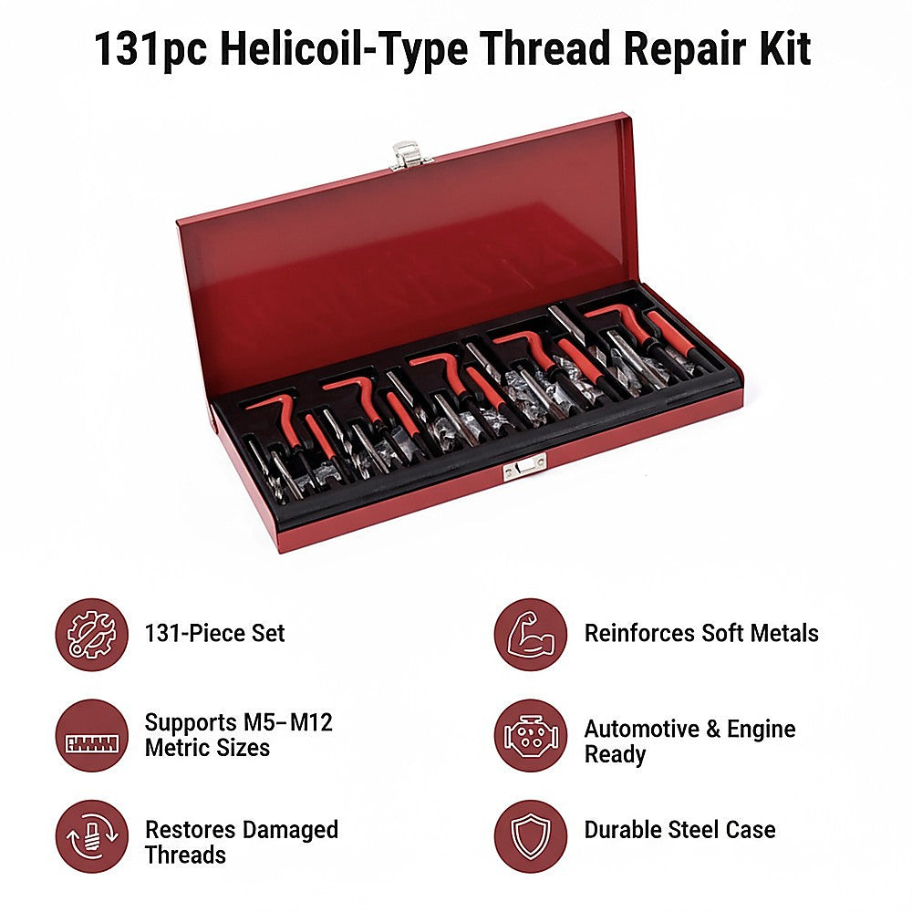 131pc Helicoil-Type Thread Repair Kit - Metric Insert Tool Set for Damaged Threads V63-953021