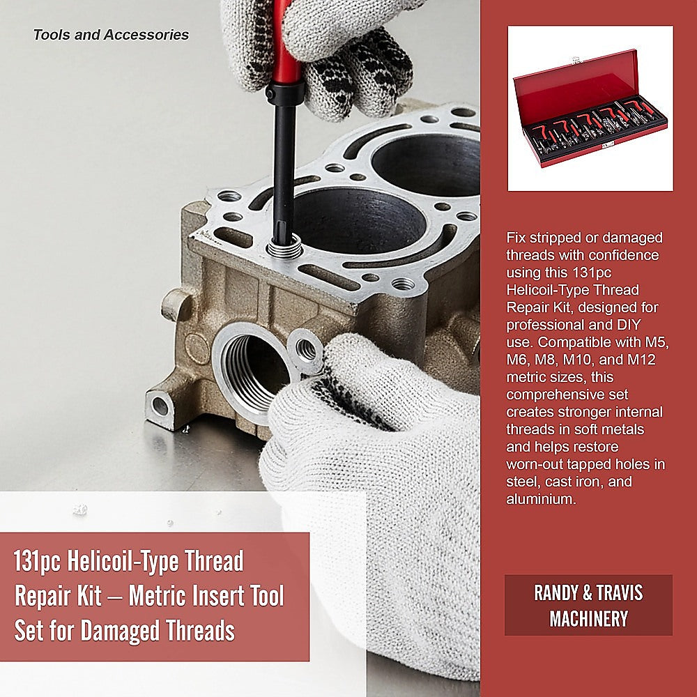 131pc Helicoil-Type Thread Repair Kit - Metric Insert Tool Set for Damaged Threads V63-953021