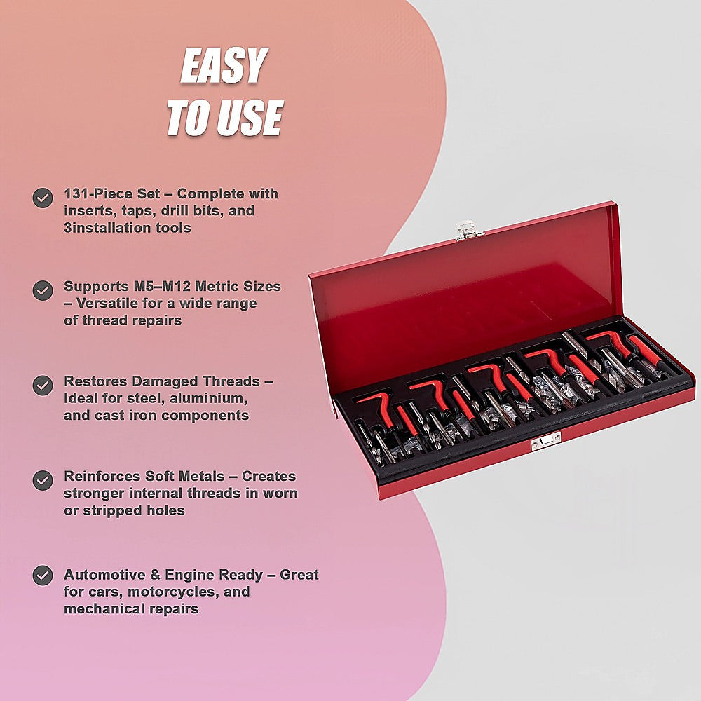 131pc Helicoil-Type Thread Repair Kit - Metric Insert Tool Set for Damaged Threads V63-953021